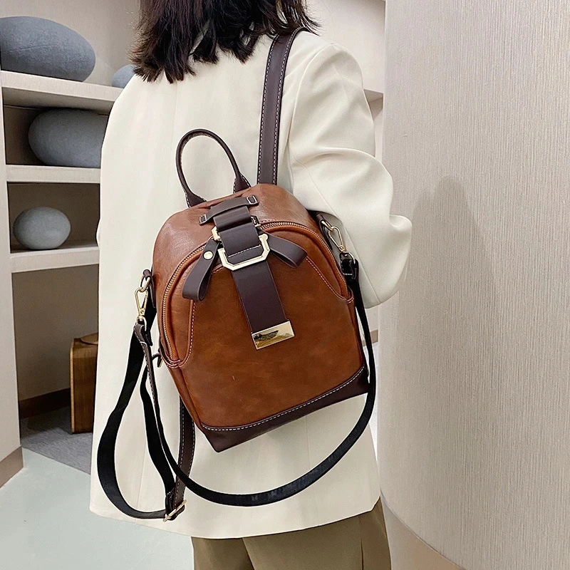 

Vintage patchwork women backpack small Luxury design female shoulder bag ladies Totes PU leather schoolbag backpacks bagpack, Black,white,khaki,brown