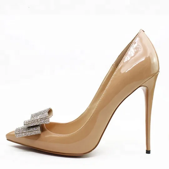 

Size 14 crystal bowtie black pencil heel women pumps pointed toe nude lady high heels stiletto, Black nude