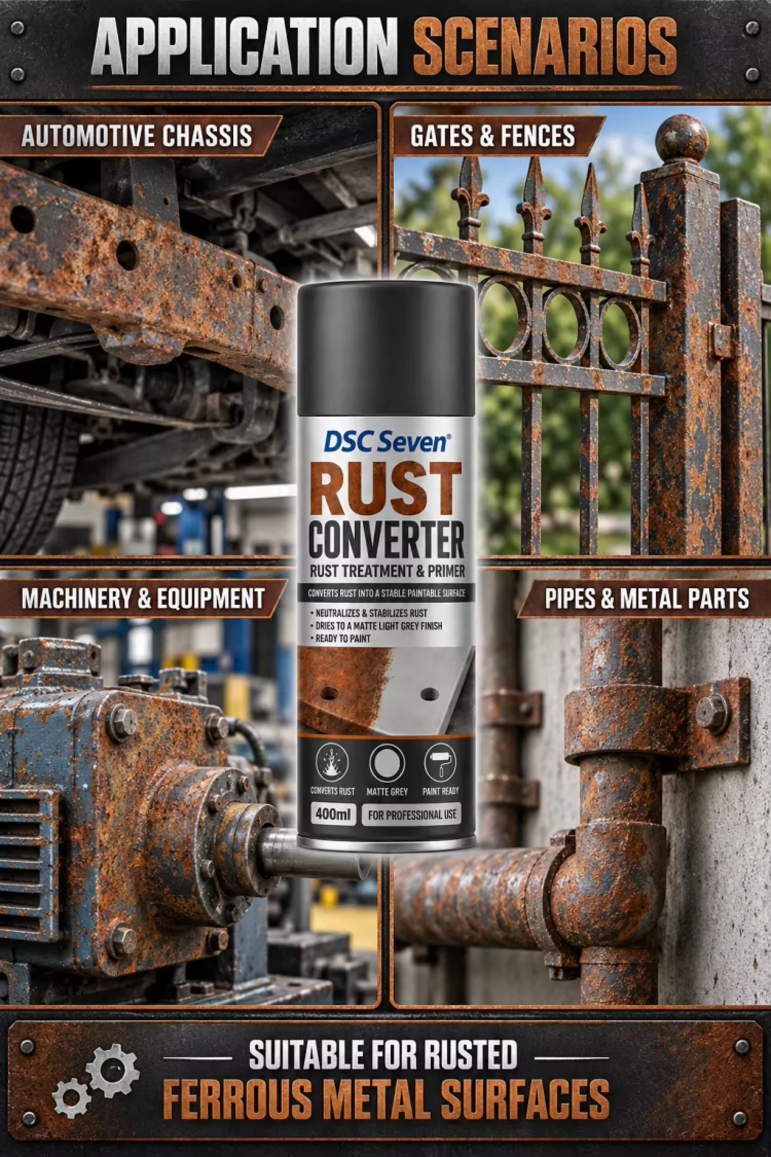 400ml Acrylic Aerosol Rust Converter Spray Paint for Rust Treatment and Steel Metal Restoration