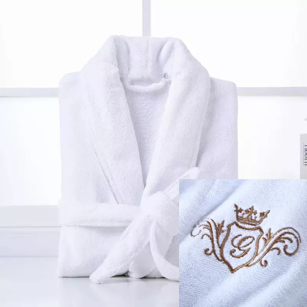 Personalised Embroidered Terry Toweling Cotton Bathrobe Bath Robe White 