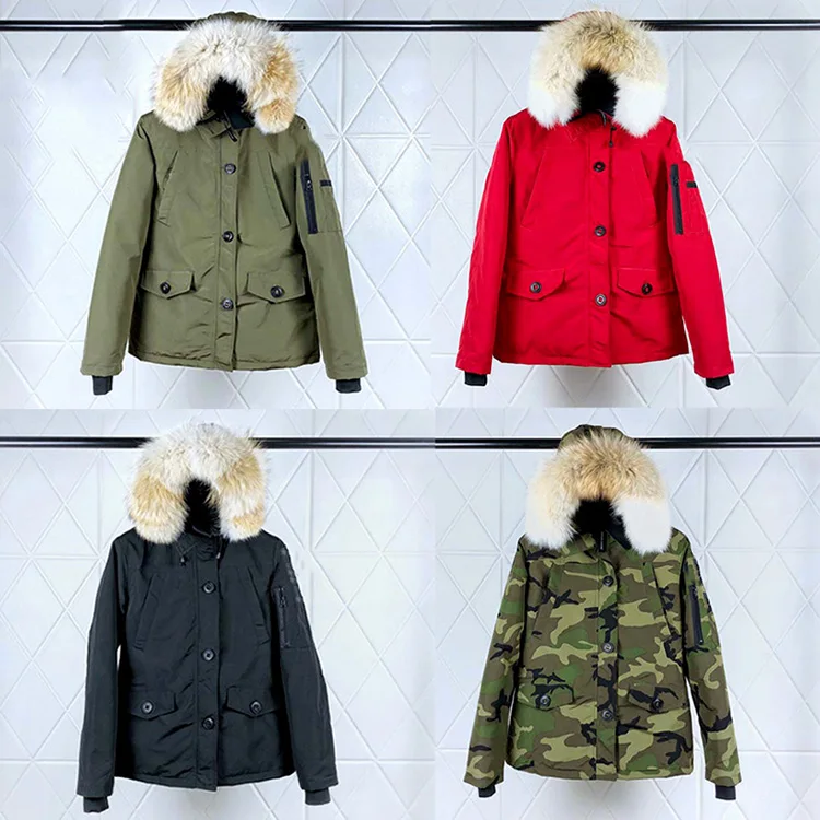 

E03 Winter Thick Warm Puffer Down Coat Canada Parka Wolf Raccoon Fur Hooded Goose Down Jacket For Women, Red blue green black