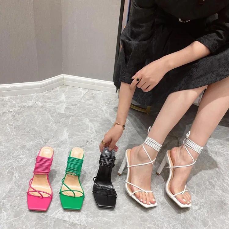 

Sandals Straps Large Size Female Shoe High Heels Square Toe Women's Flip Flops Platform Lace Up Girls Beige High-heeled shoes, Black