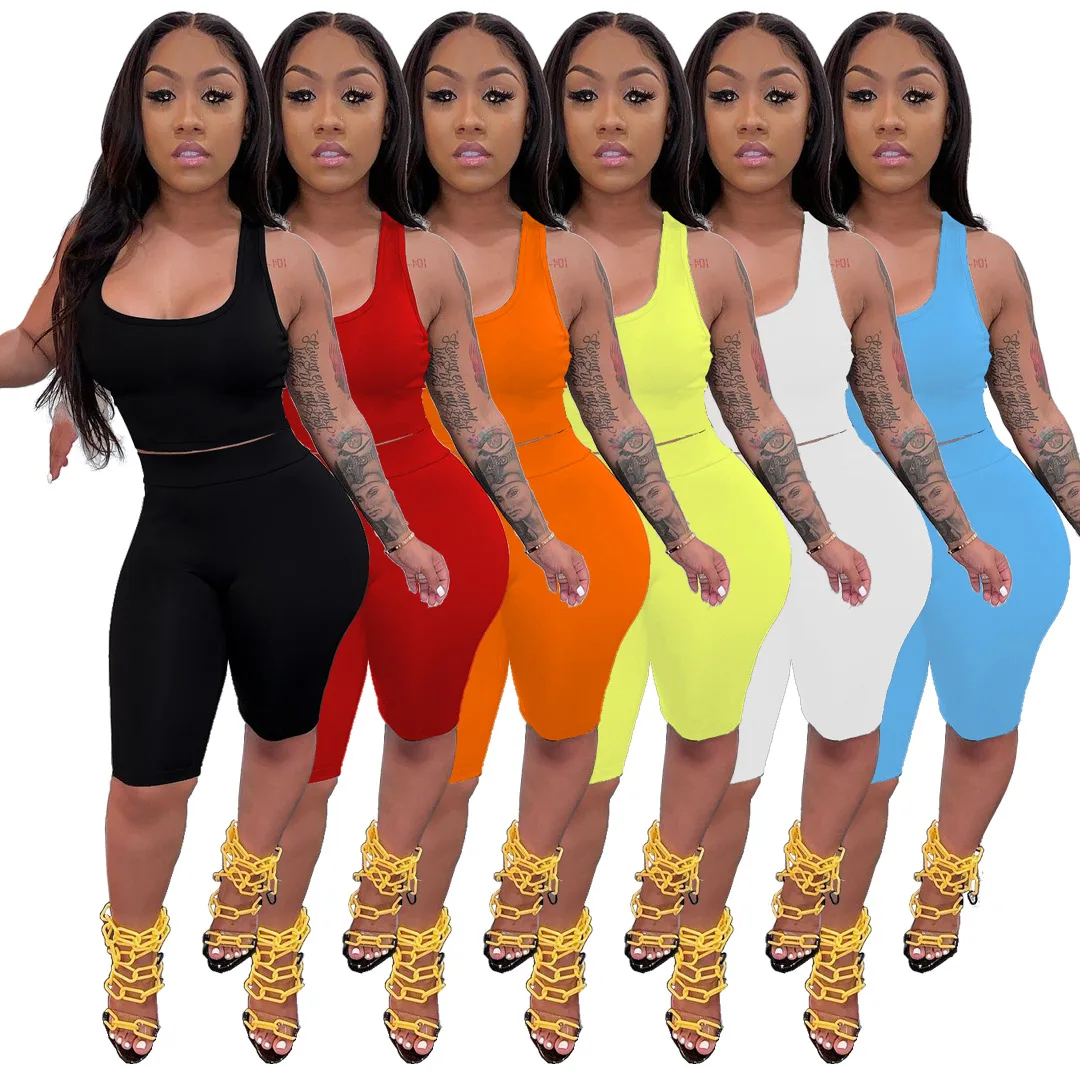 

2021 two piece summer outfits women clothing crop top pants set two piece biker short set 2 piece short set