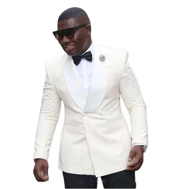 

New Style Shawl Lapel Double-Breasted Cool White Wedding Groom Tuxedos Men Suits Prom Dinner Best Man Blazer(Jacket+Pant)