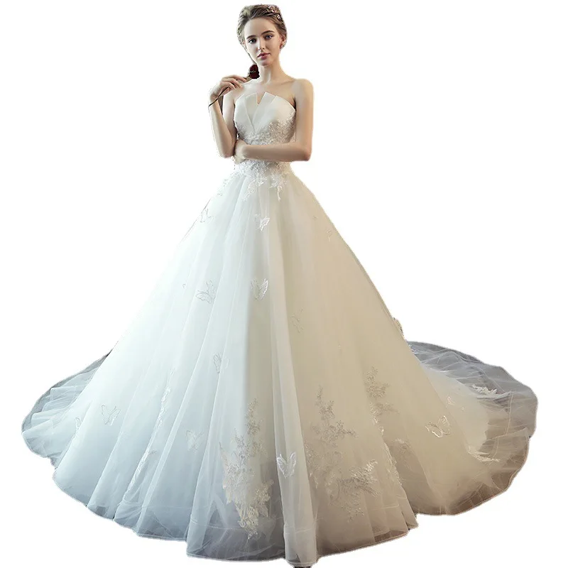 

2023 new style white light bride wedding gowns lace Strapless dress simple sleeveless evening wedding dress