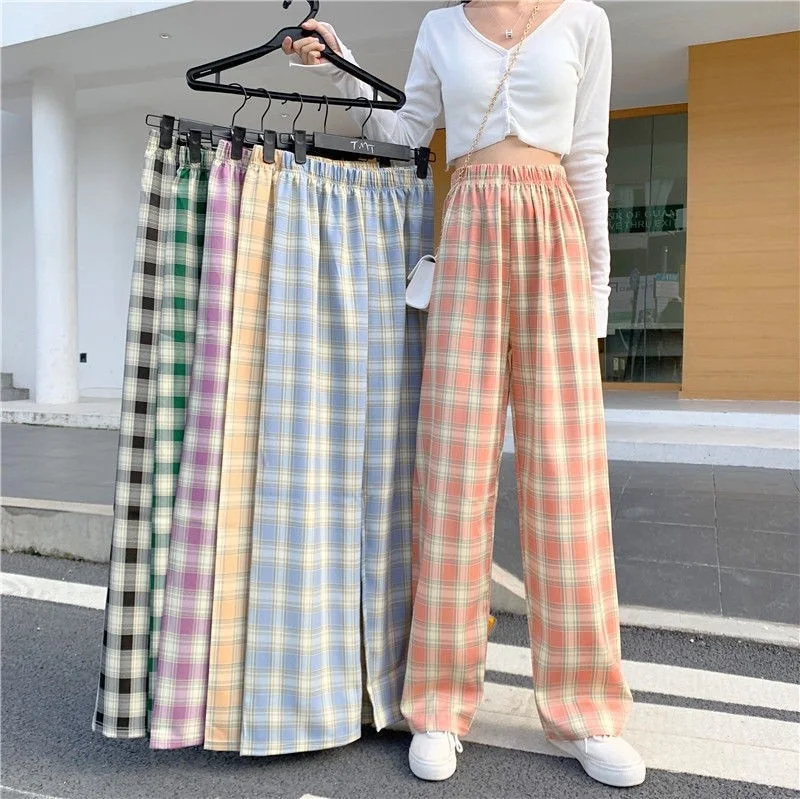 

GIMILY Women Casual Lattice Print High Waist Wide Leg Pants Hip Hop Streetwear Korean Plaid Loose Straight leg Pants & Trousers