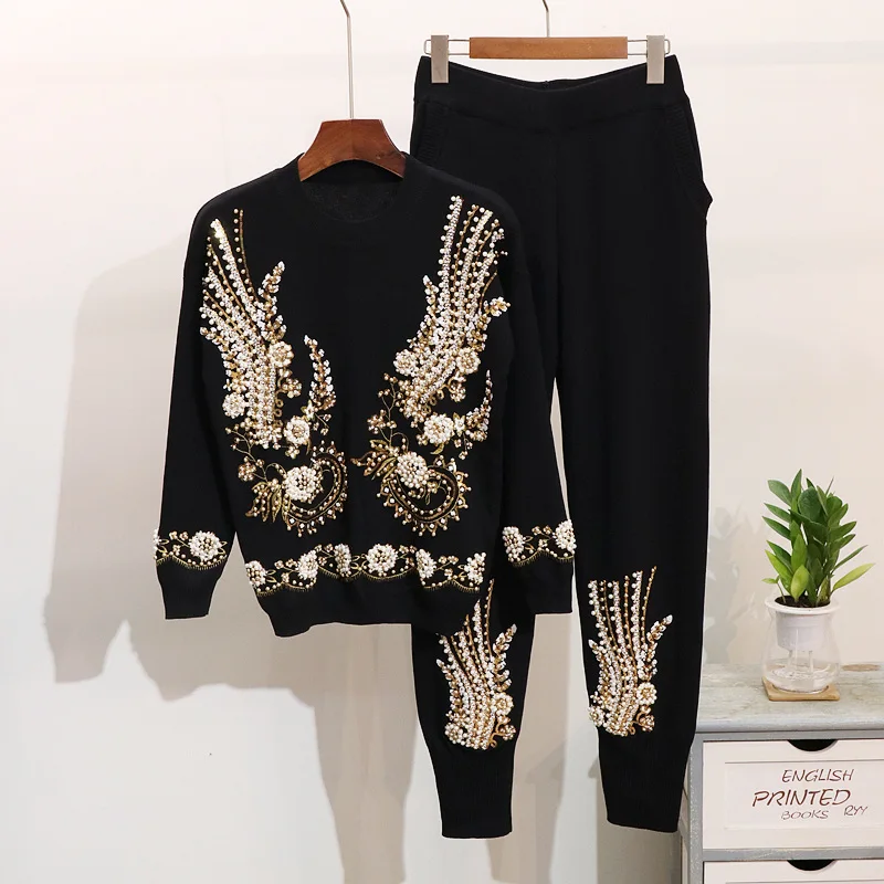 

High Quality Women's Sweater Set Fall Winter Pearl Beads Sequin Sweater Top and Pants Two Piece Set Outfits Plus Size Clothing