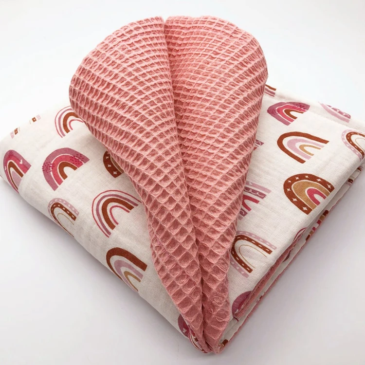 

high quality pink rainbow baby wrap waffle crinkle muslin blanket