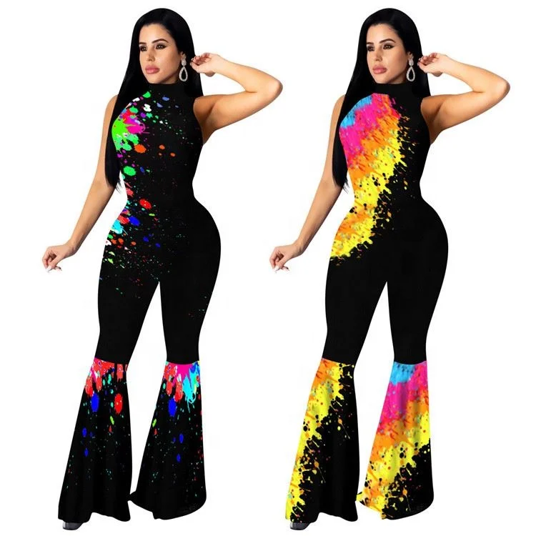 

KG7139 Hot Sell Sleeveless Tie Dye Ladies One Piece Jumpsuits And Rompers Women's Full Length Flare Jump Suit