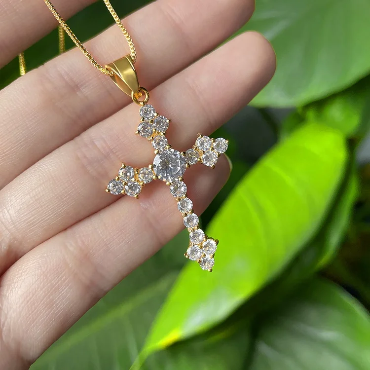 

Luxury fancy fine jewelry gold cross necklace zirconia women's inlay AAA zircon 316 stainless steel cross pendant necklace