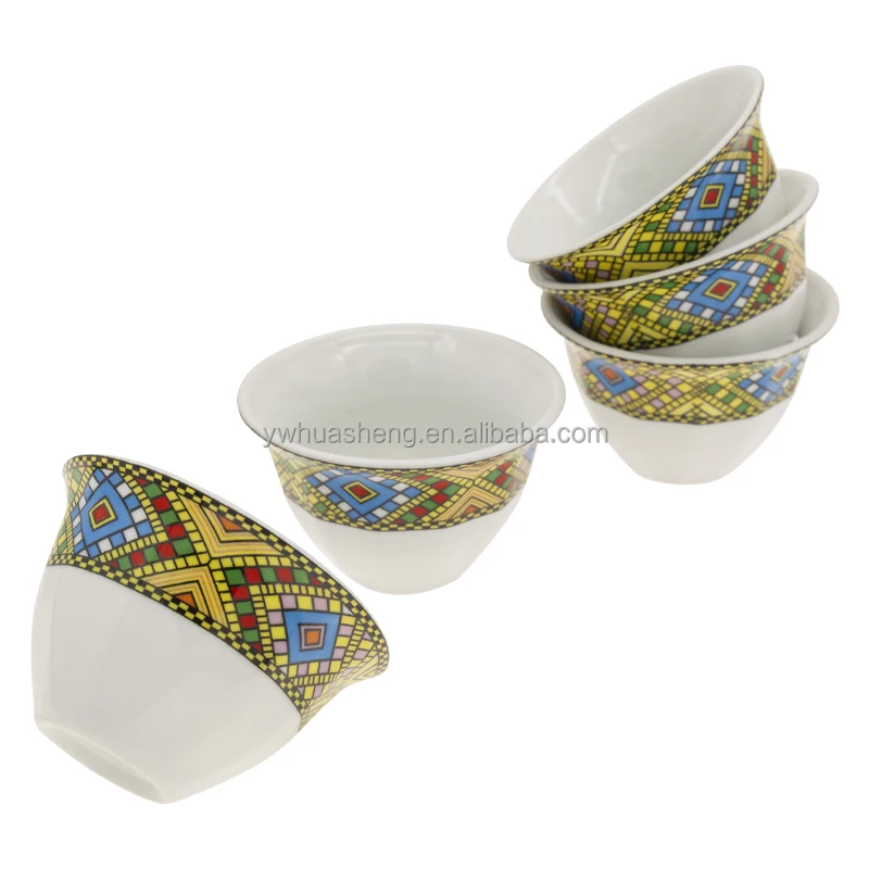 

HS Ethiopian Art 12pcs Ceramic Coffee Cup Set Without Handle Arabic Ethiopian Cawa Cup, Colorful