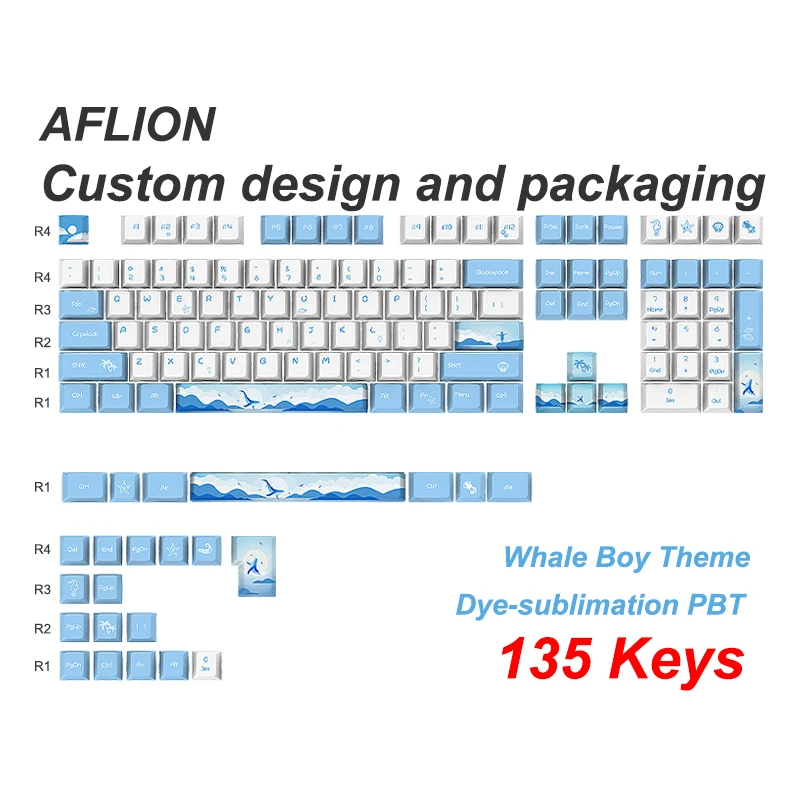 

AFLION 2023 Factory Custom Mechanical Keyboard Keycaps ABS Japanese Whale Blue Sea Pbt Thick Keycaps