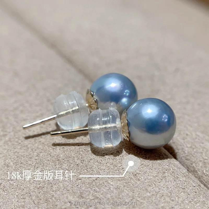 

Certified 7-8Mm Perfect Circle Real Linen Sea Pearls Stud Earrings 18K Gold Basic Style Earrings Blue Rose Silver Gray Blue