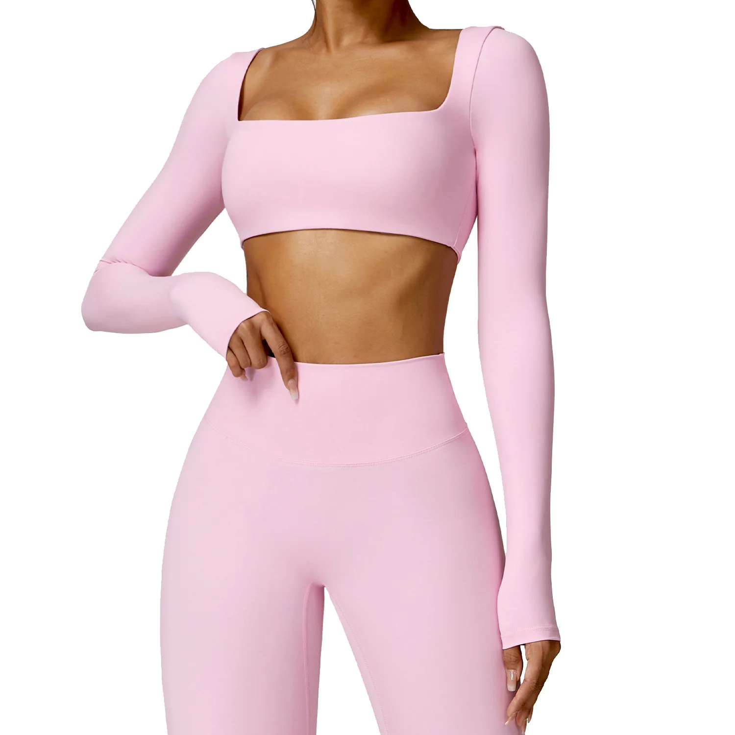 

Hot Selling Women Lightweight Square Neck Running Outfits High Stretch Long Sleeve T Shirt Gym Yoga Crop Tops