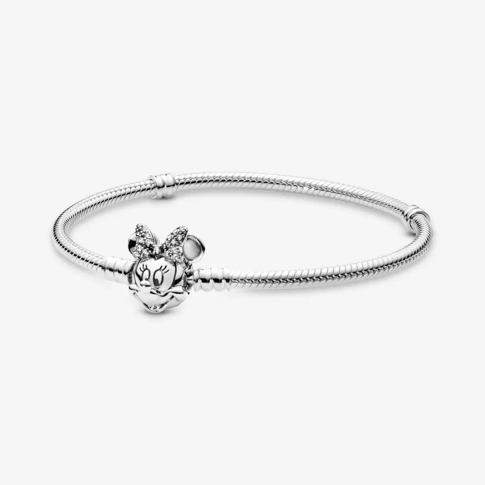 

925 Sterling Silver Minnie Mouse Portrait Clasp Bracelet Pave CZ Stone Snake Chain Bracelets Fit Pan Charm For Women Baby, Silver / rose gold / gold