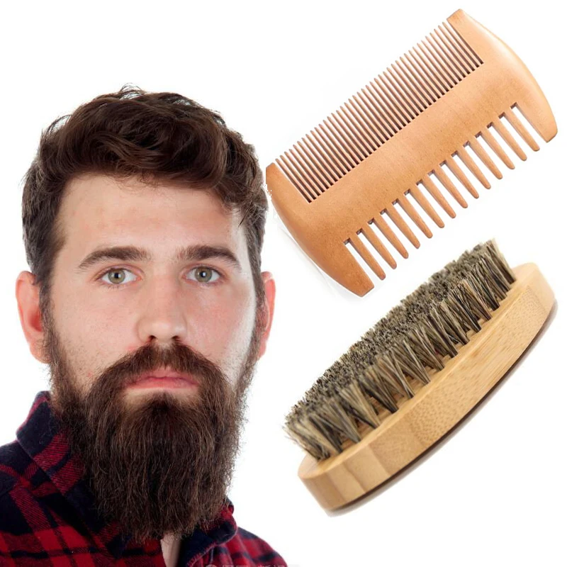 

Gift Box bamboo Wood Beard Comb Brush Custom Logo Beard Brush And Comb Set with face pad For Men