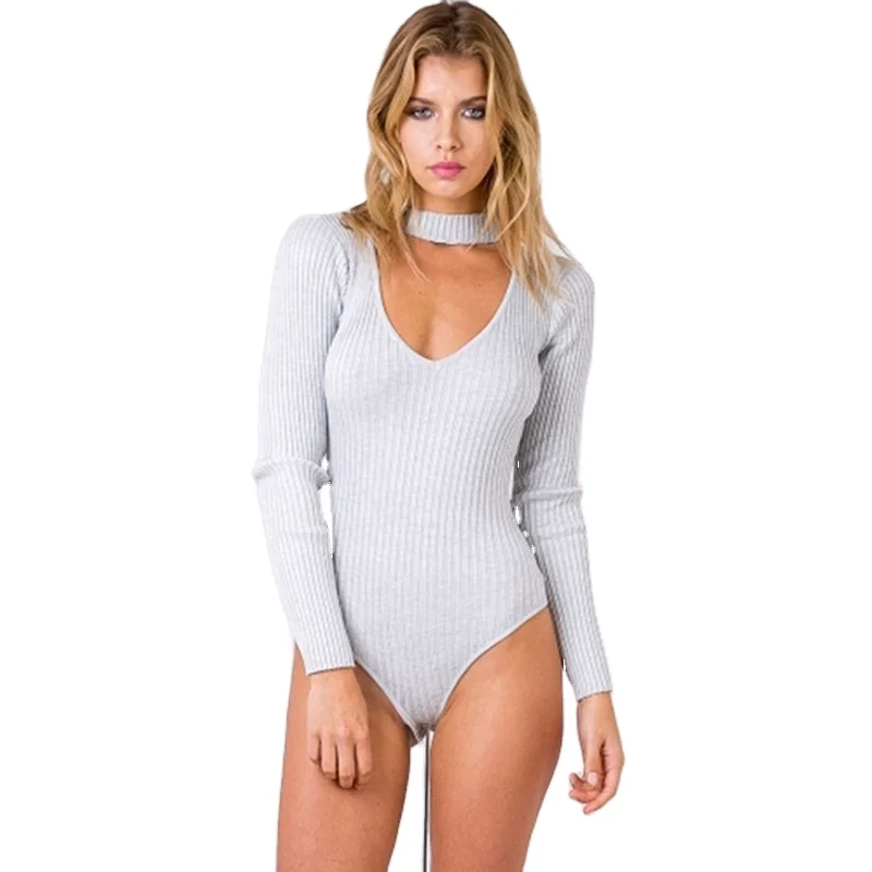 

New elegant long sleeve V-neck casual clothing for women hanging neck comfortable and beautiful woman onesie, Grey