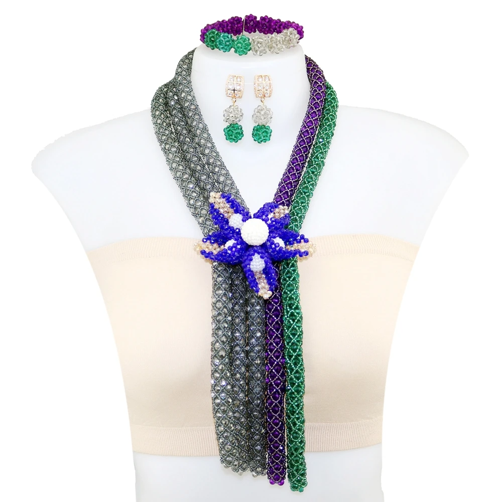 

Yulaili Latest Design Nigerian Wedding Hand-Mader Jewelry Set With Rhine Big blue Flowers Women's Beads Jewelry Sets YL129