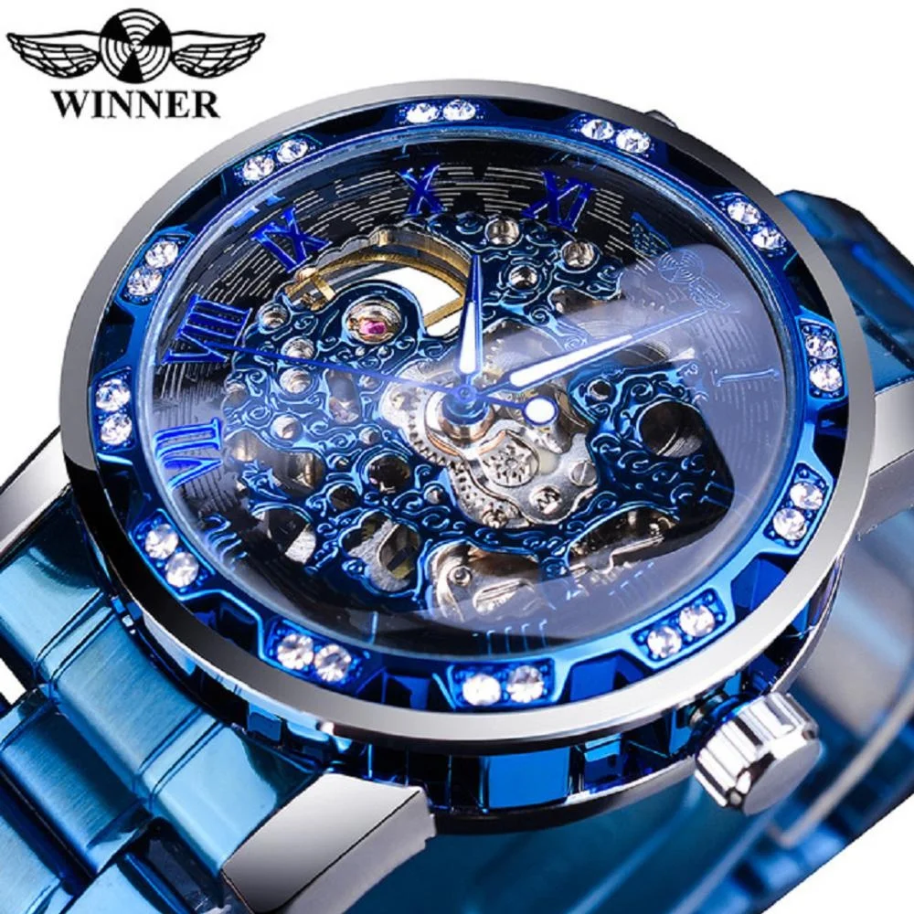 

Winner Men Blue Skeleton Transparent Dial Diamond Mechanical Watch Stainless Steel Band Male Clock Luminous Hand Wristwatch, 15-colors