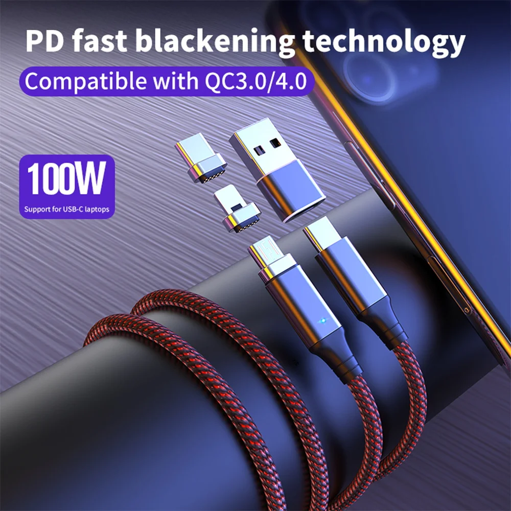 

4 in1 Magnetic Micro USB Type C Cable 5A 100W PD super Fast charging for MacBook Pro Type C to USB Adapter data Transfer Cable, Black