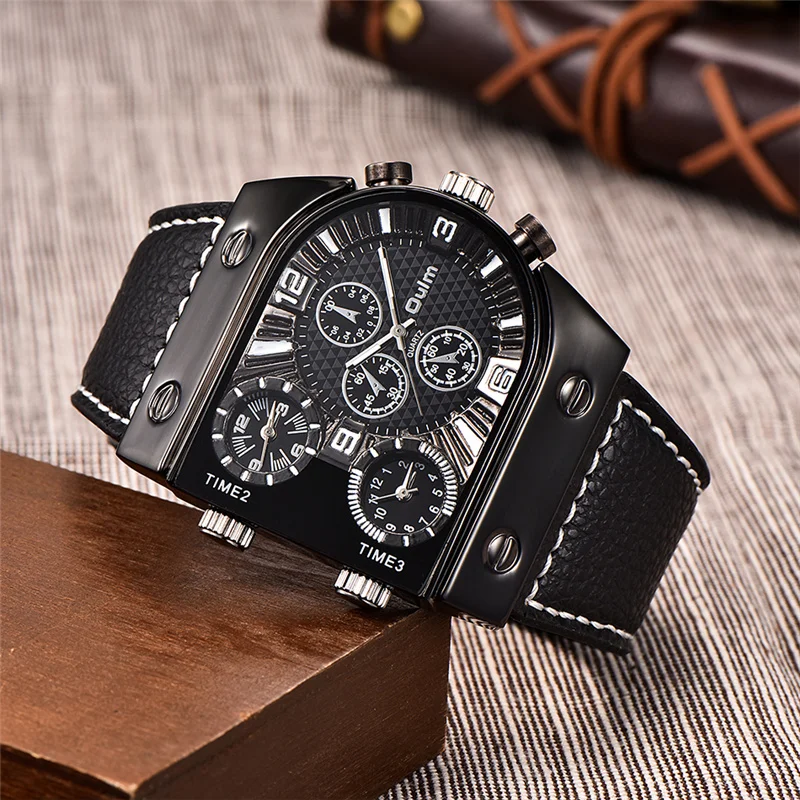

OULM 9315 trending black mens quartz watch weird leather strap 3 time zone Chronograph Concise sports relogio musculino