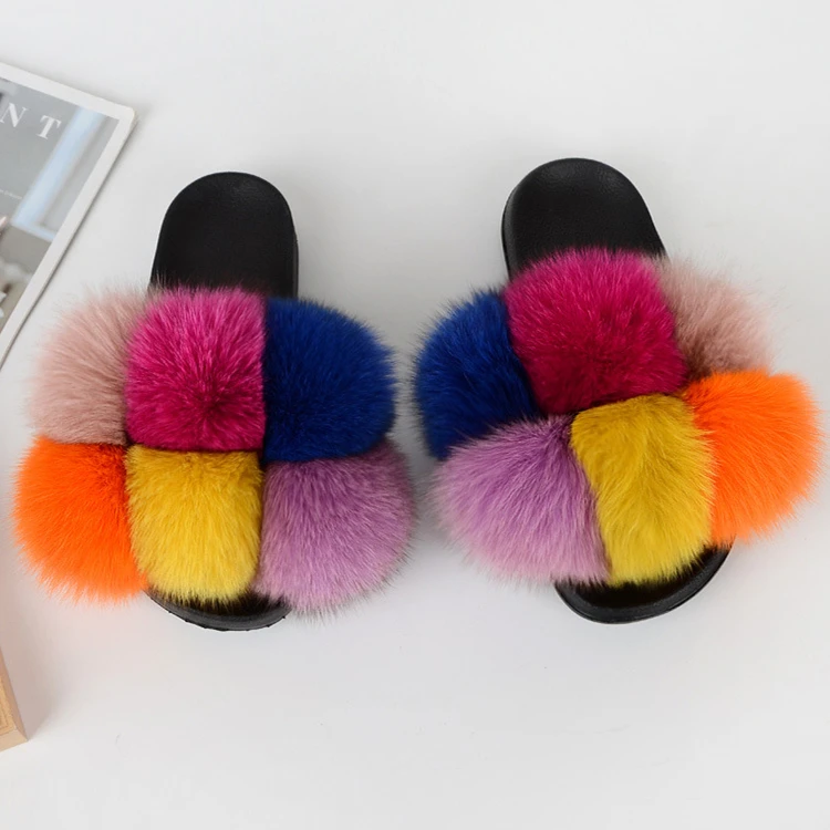 

New Trendy Mixed Color 6 Balls Flat Slipper Sandals Fox Fur Pom Slides For Women
