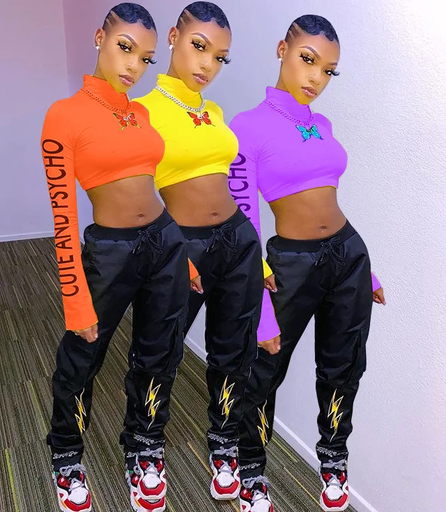 

High Neck Butterfly Printed Crop Top Long Sleeve Women T Shirt Ladies Crop Tops