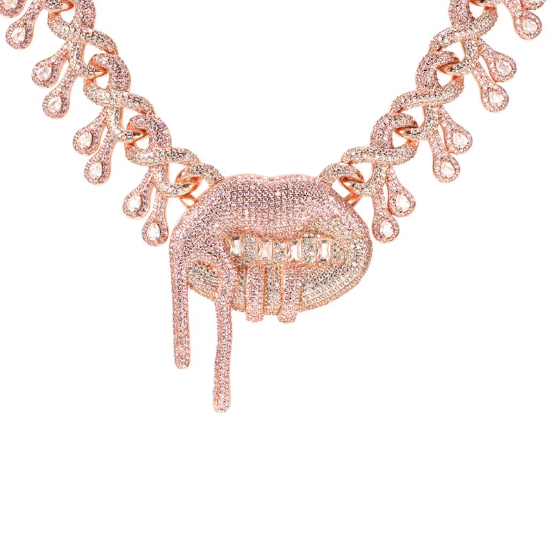 

micro pave 18 inch lip gold silver pink rose gold diamond big necklace miami lip necklace