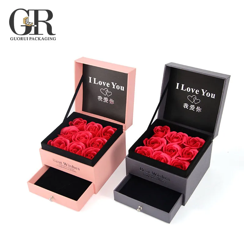

Guorui Necklace gift box eternal flower drawer jewelry box custom soap flower flower box, Green, blue or customized