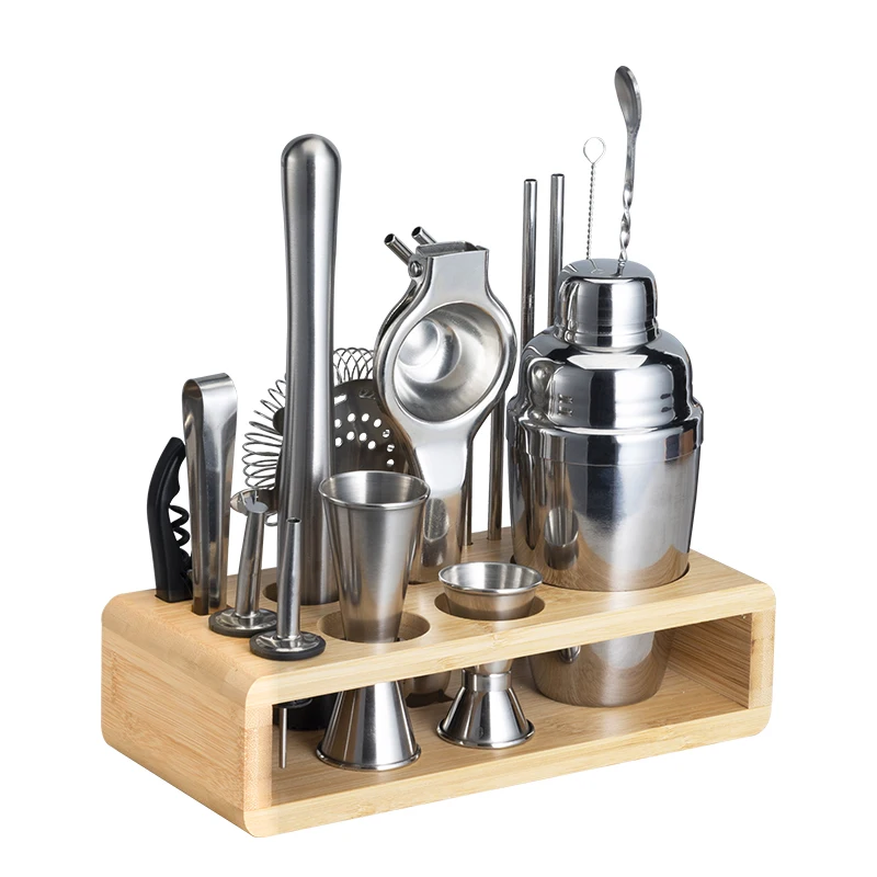 

Cocktail Set Stainless Steel Bartender Kit Bar Accessories Shaker Set Wood stand Cocktail Shakers Set, Sliver or customized color