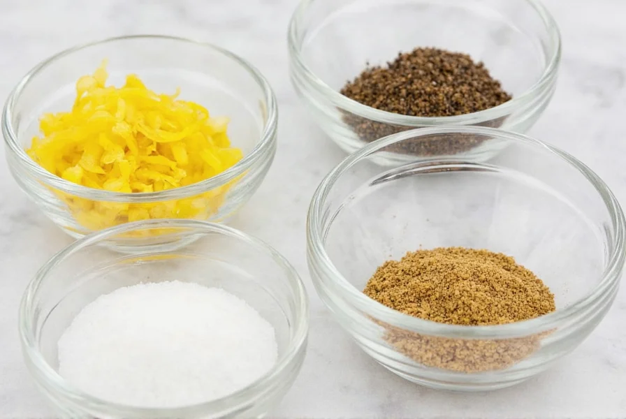 Close-up of homemade lemon pepper rub ingredients in glass bowls showing lemon zest, black pepper, garlic powder, and salt