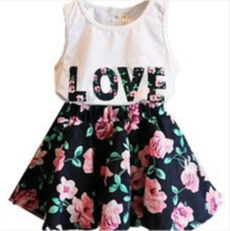 

Wholesale customized logo dress summer cotton cheap dresses girls sleeveless two piece skirt set