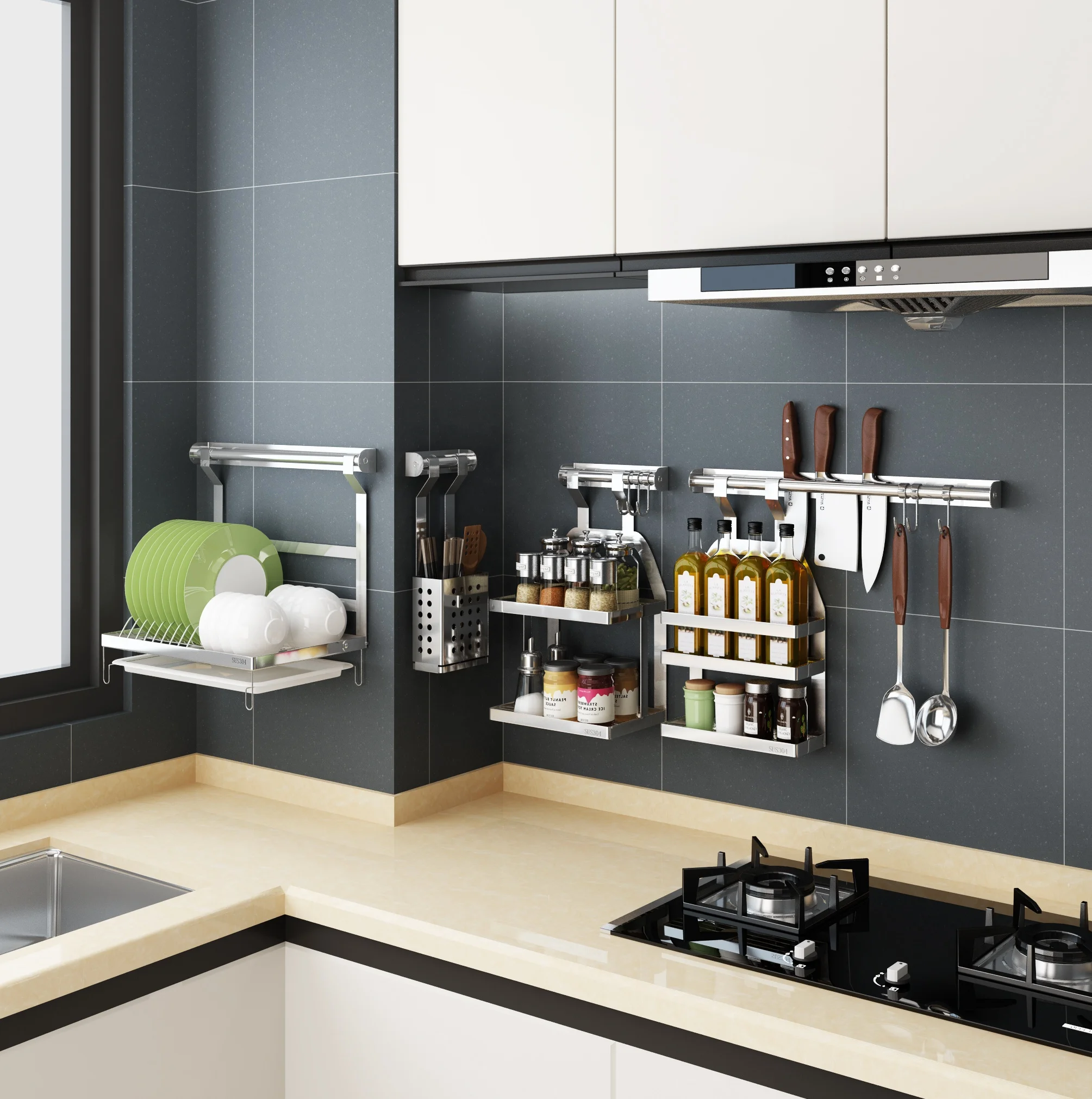 

6PCS Full Set Kitchen Accessories Shelf Wall Mounted Drill Free Bathroom Towel DIY Rack stainless steel kitchen rack