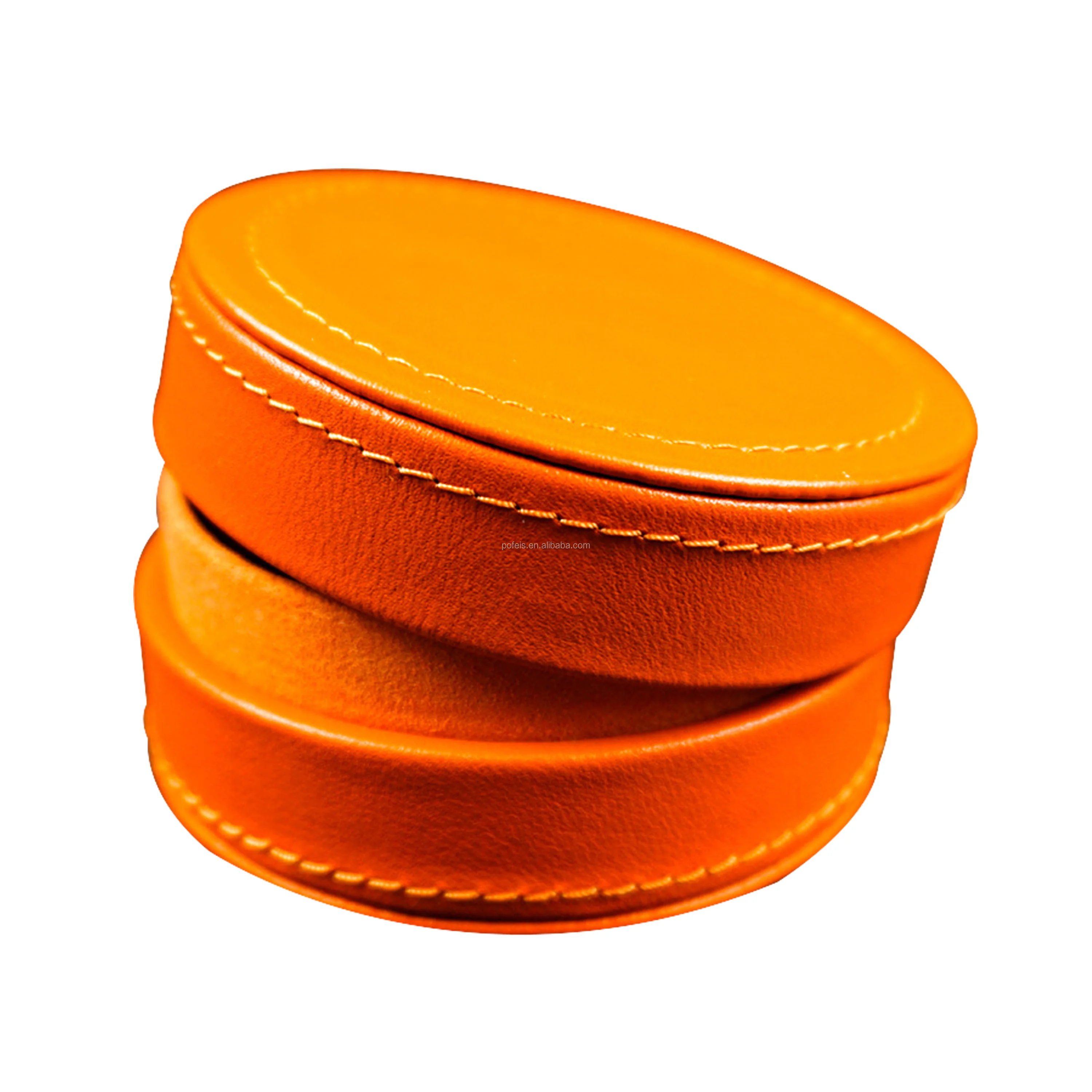 Orange Sewing Cowhide Genuine Leather Round Custom Necklace Earrings