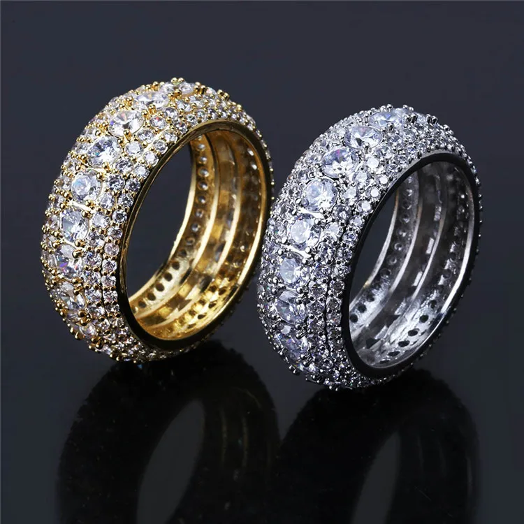 

Gold Plated Micro Inlaid Five Rows Full Zircon Hipster Hip-Hop Men'S Ring Women Rings Rhinestone Diamond Ring, Picture shows