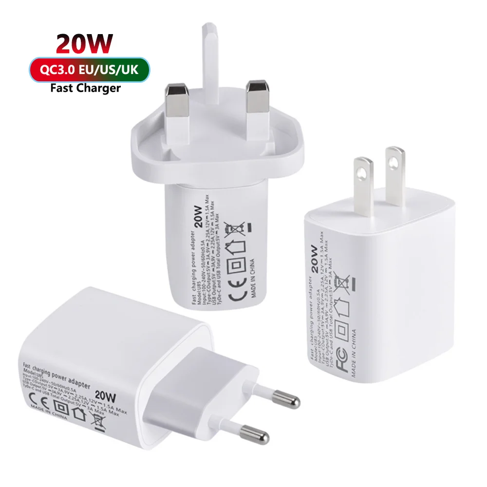 

Free Shipping 1 Sample OK 20W PD Charger EU US UK QC3.0 Portable Type C Mobile Wall Charger Travel Adapter For iPhone 12 Charger