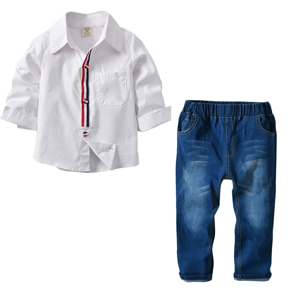 

Hot Sale Spring Autumn Boys Clothing Set White Long Sleeve Shirt + Long Denim Pants Clothing Set For Boys