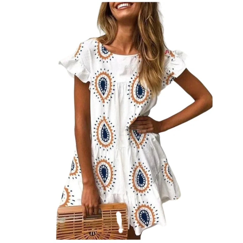 

Bohemian new round neck water drop print mid-length A-line skirt dress