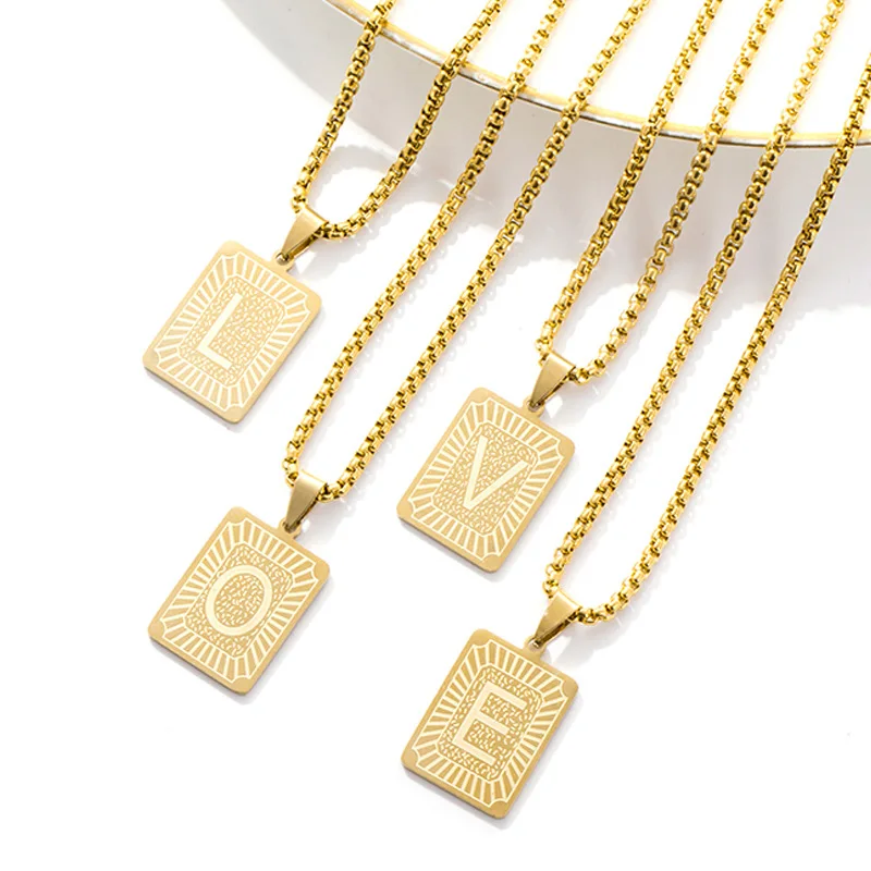 

Custom Jewelry Alphabet Square 18K Gold Stainless Steel Pendant Intial Letter Chain Necklace For Women Men, Gold color ,steel color