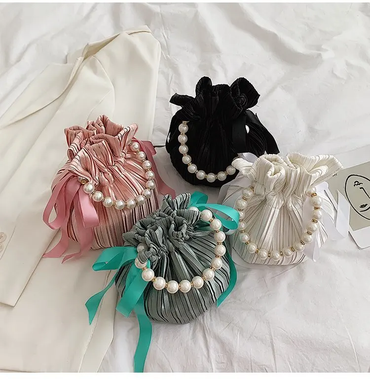 

2021 New Spring women Silks Bucket Cross body hand Bags Pink and White Color Long Pearl Strap Ladies handBags, Accept custom made