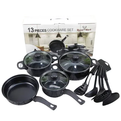 

13pcs cheap kitchen housewares iron non stick desini kitchen pots cookware sets, Black