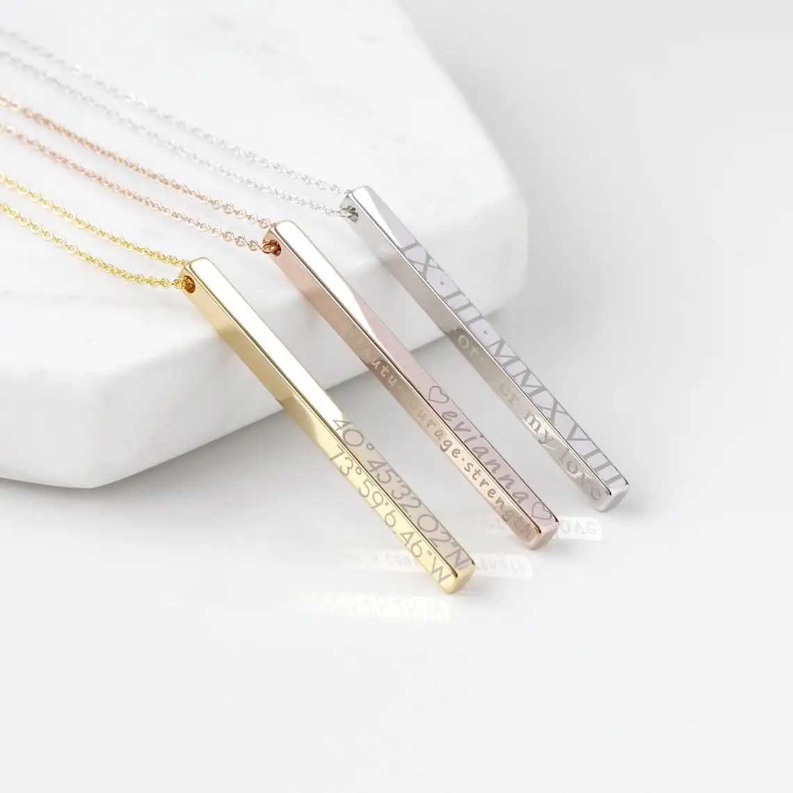 

Personalized engraved vertical long bar necklace , custom stainless steel name plate bar square pendant necklace, Silver / gold / rose gold