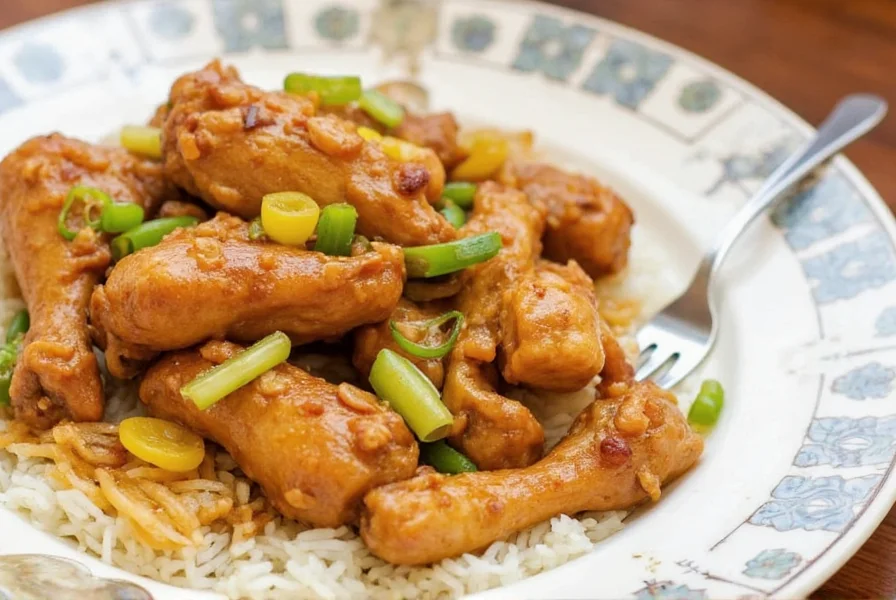 Perfectly cooked garlic ginger chicken with fresh green onions garnish in a white bowl on wooden table