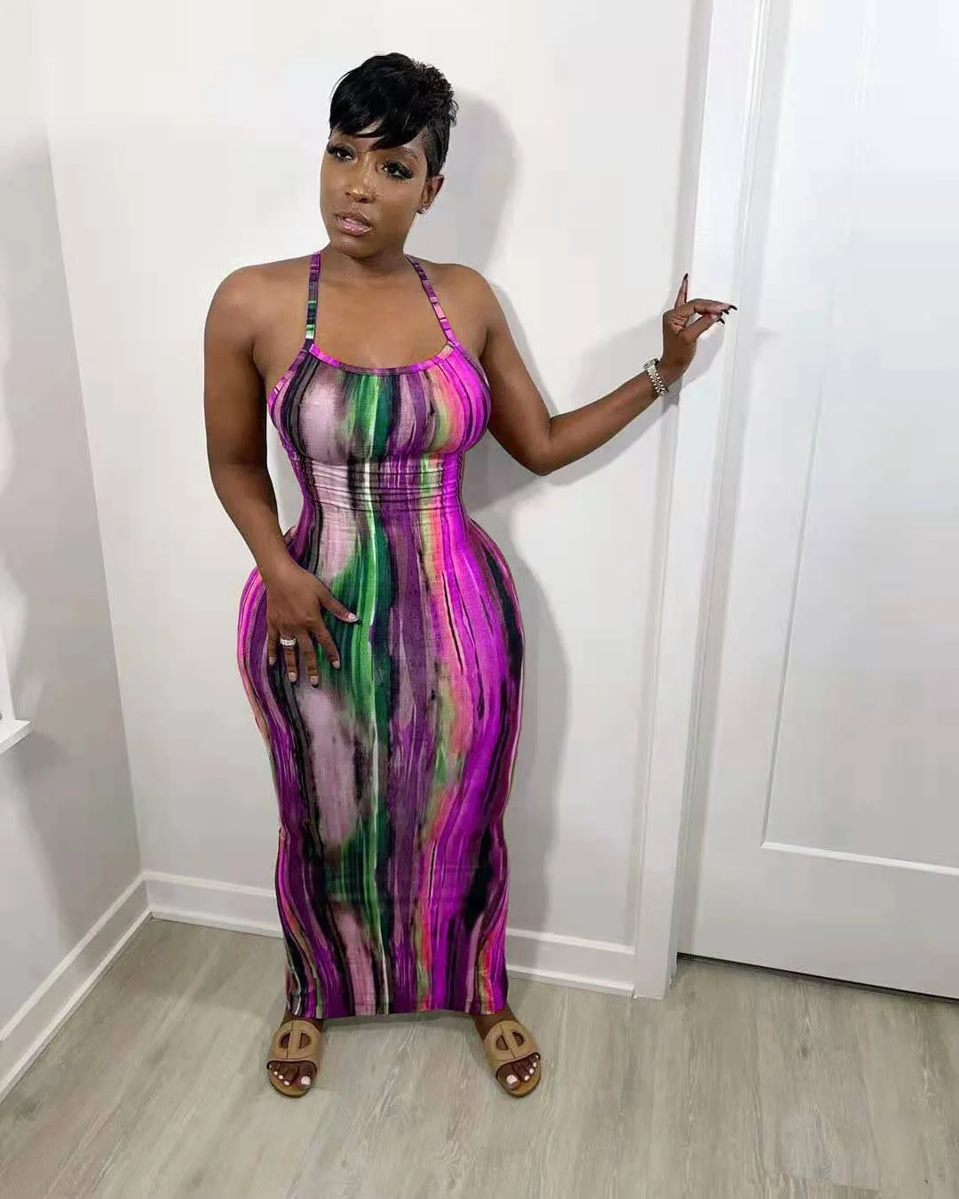 

H6874 - women trendy bandage sleeveless tie dye backless maxi dresses