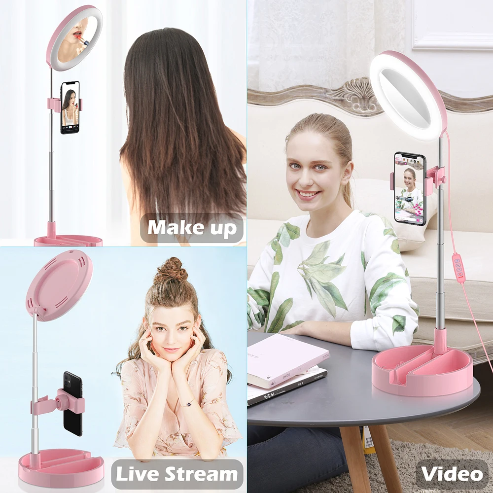 

Table Stand Foldable LED Fill Light Makeup Mirror Dimmable Selfie Live Ringlight Adjustable 6 inch LED Ring Light with Mirror