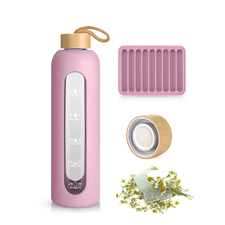 

Bamboo lid tea infuser fruit juice leak-proof custom logo borosilicate glass water bottle, Customized color acceptable