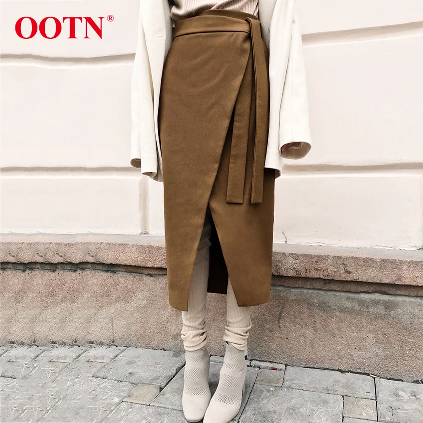 

OOTN Office Khaki 2019 Fashion Vintage Autumn Winter Suede Midi Skirts High Waist Women Long Skirt Brown Asymmetry Wrap Skirt