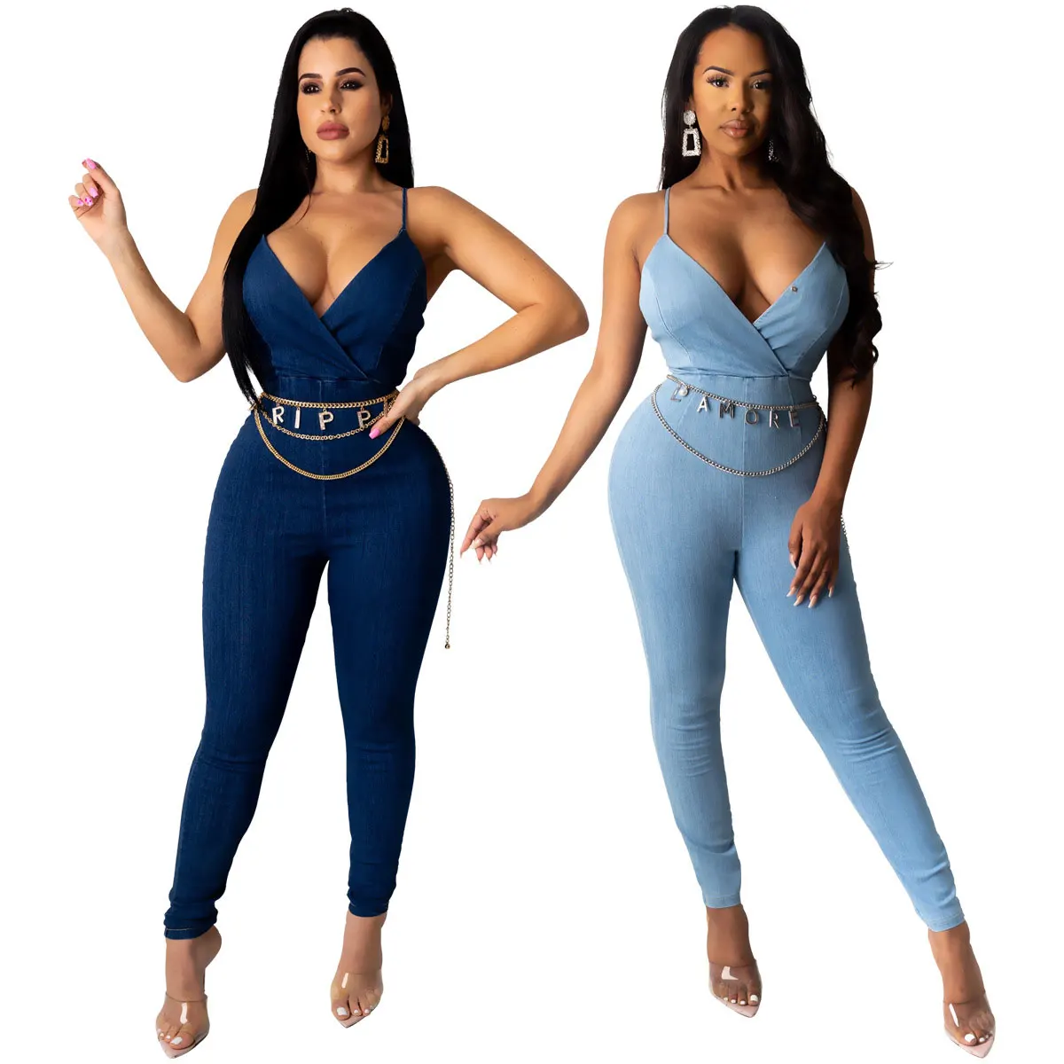 

20515-MX4 European style spaghetti strap denim jumpsuit jeans sehe fashion