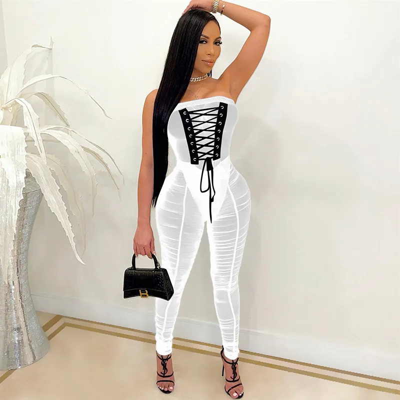 

2021 New Arrival See Through Luxury Bodysuits Strapless Sheer Mesh Skinny Sexy Jumpsuit Club Wear for Women Jumpsuit with CorseT, 2 colors