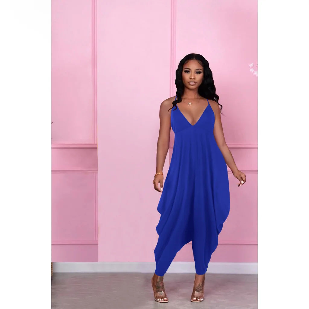 

H6577 - women fashion loose sleeveless halter solid jumpsuits